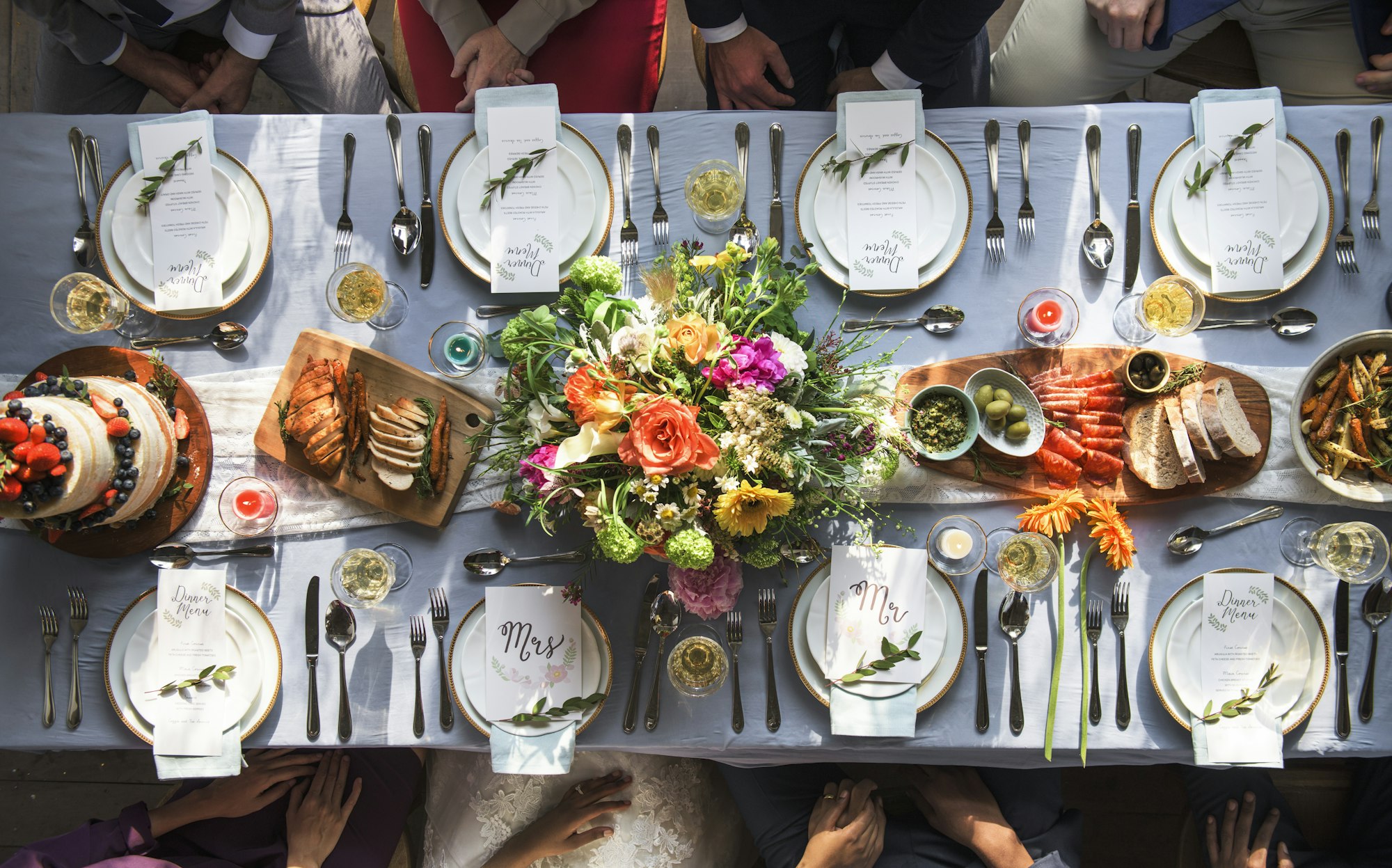 Table de réception de mariage, réglage, vue aérienne de dessus