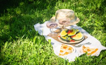 Style de vie d'été en plein air avec un pique-nique gastronomique disposé sur une herbe dans un jardin avec des baies, une tarte et une boisson rose dans des verres élégants