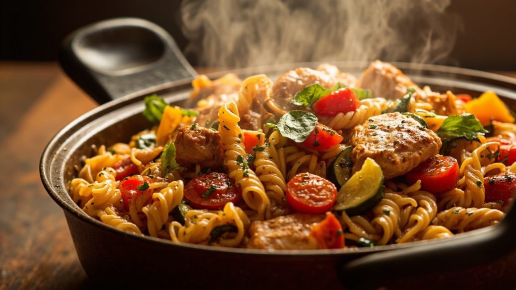 One-pot pâtes au poulet et légumes prêt en 20 minutes